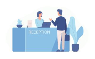 Male customer standing at reception desk and talking to female receptionist. Scene of visit to service center isolated on white background. Colorful vector illustration in flat cartoon style.