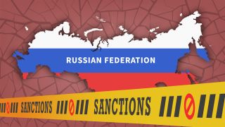 Vector political economic banner. New map of Russian Federation in colors of the national flag against background of world cracks. A huge 3D yellow tape with inscription sanctions. Finance poster.