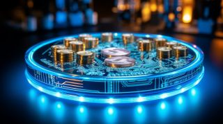 Euro hologram with circuit lines on blue backdrop for digital finance and online banking 3d render
