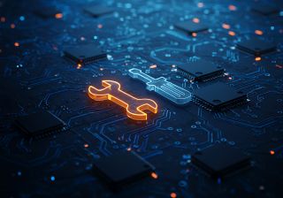 Digital Circuit Board Repair Concept with Screwdriver and Wrench Icon